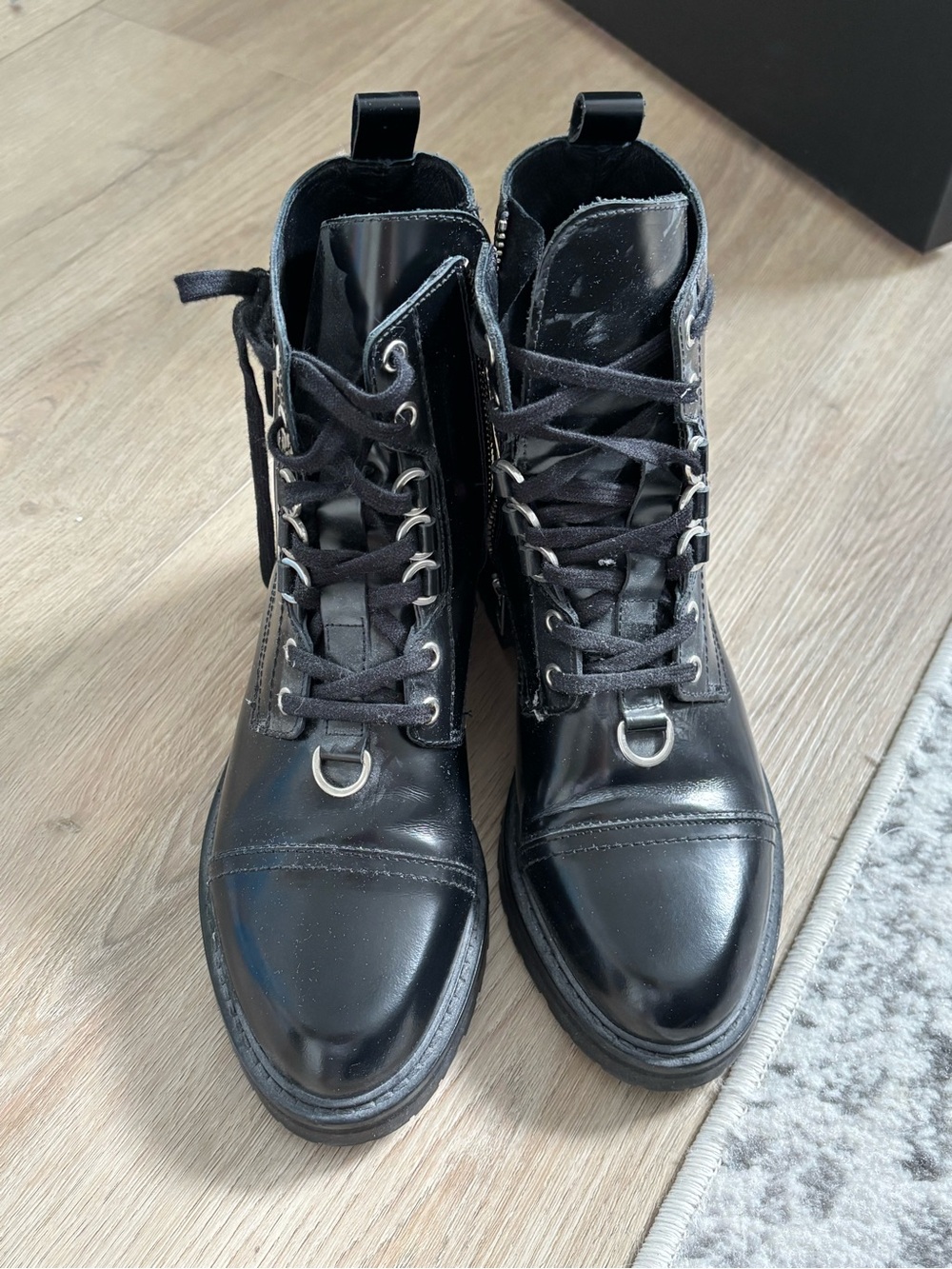 All Saints Black Lace-Up Combat Boots with D-Ring Detail